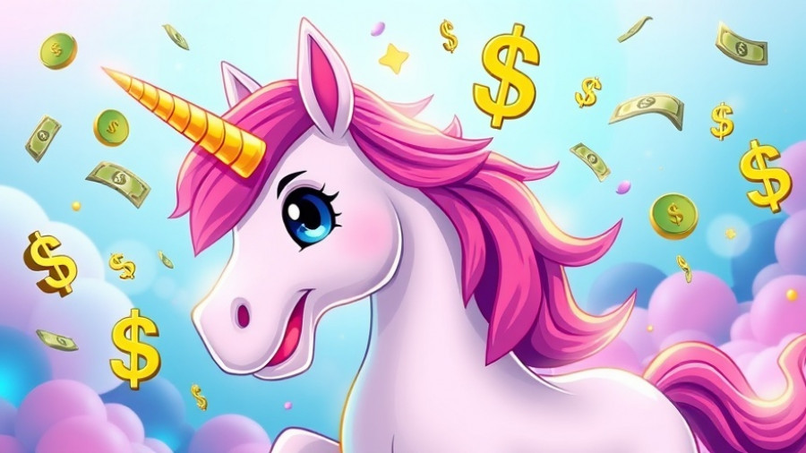 Colorful unicorn illustration with money symbols, LangChain valuation theme.