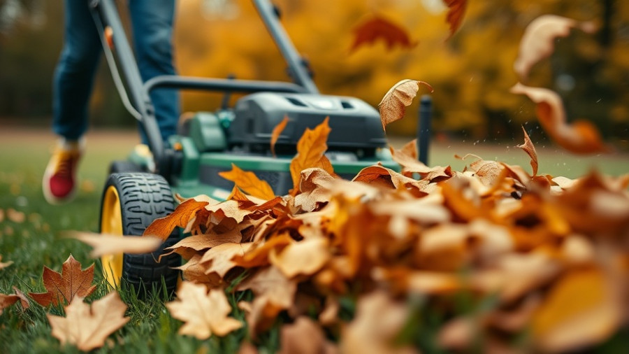 Close-up of lawn mower mulching autumn leaves before winter.