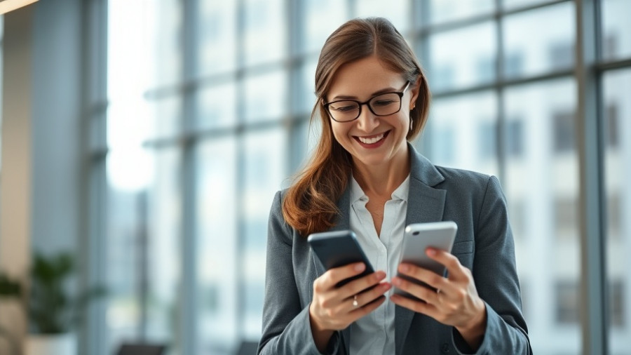 Businesswoman checks phone for SME finance updates.