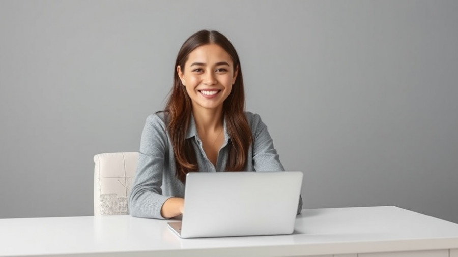 Confident young woman sitting at a desk in a neutral setting.