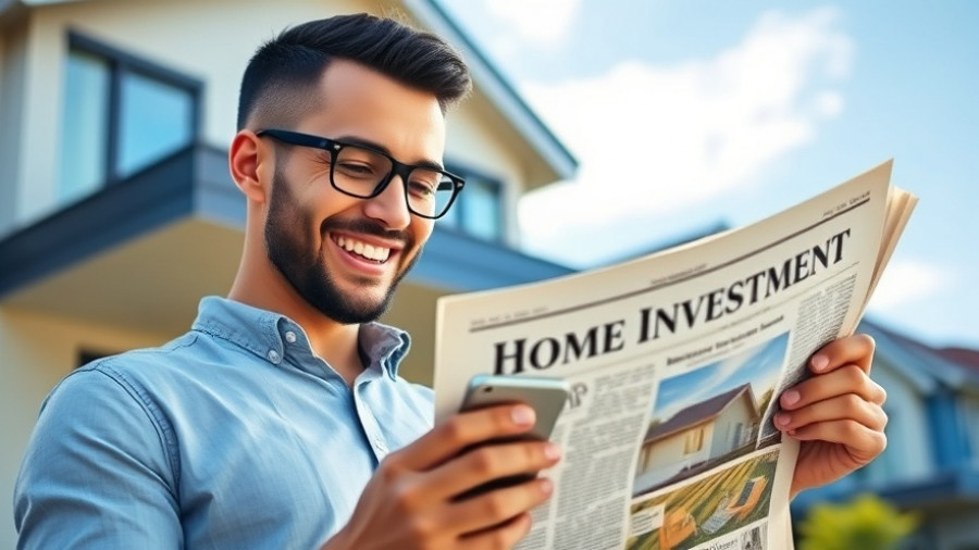 Smiling man reads investor news on smartphone, virtual staging technology concept.