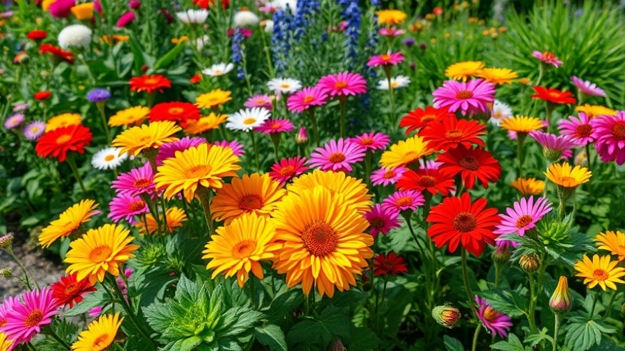 Thriving garden with colorful perennial flowers demonstrating benefits of not pruning perennials in the fall.