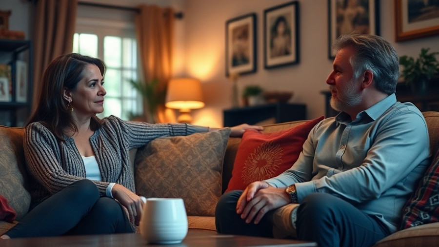 Casual living room discussion with man and woman, cozy setting.