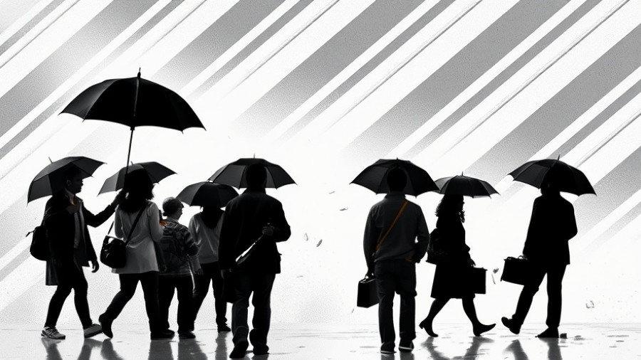 Abstract 2025 tech layoffs illustration with umbrellas and exits.