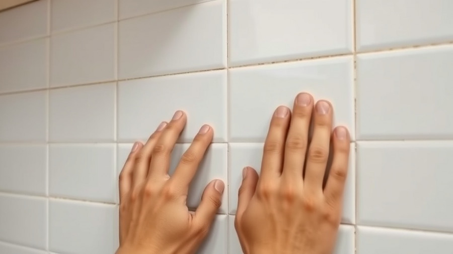 Hands placing tiles for DIY kitchen wall tiling project.