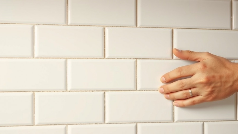 Hands tiling a kitchen wall with white tiles using spacers.
