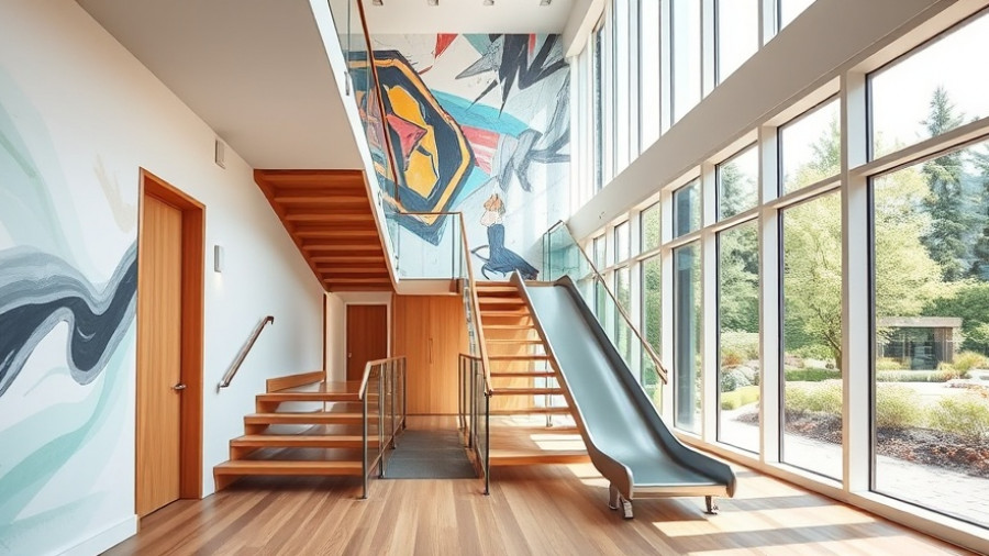 Oxford House with a Slide: Modern hallway with staircase and slide.
