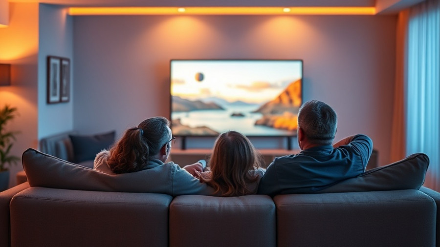 Cozy family in a simple cheap home theater setup, enjoying a movie night.