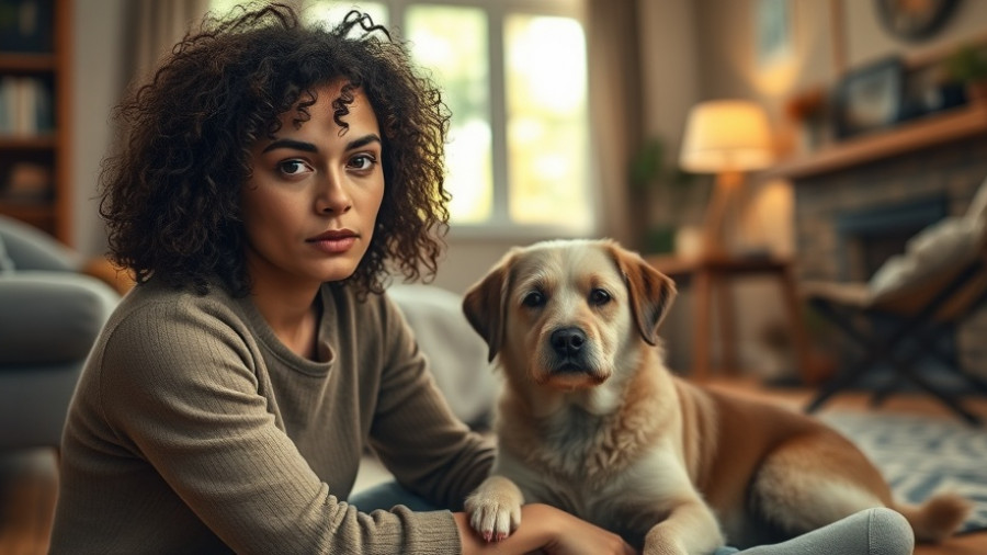 Curly-haired woman with dog in cozy living room exploring pet rental options.