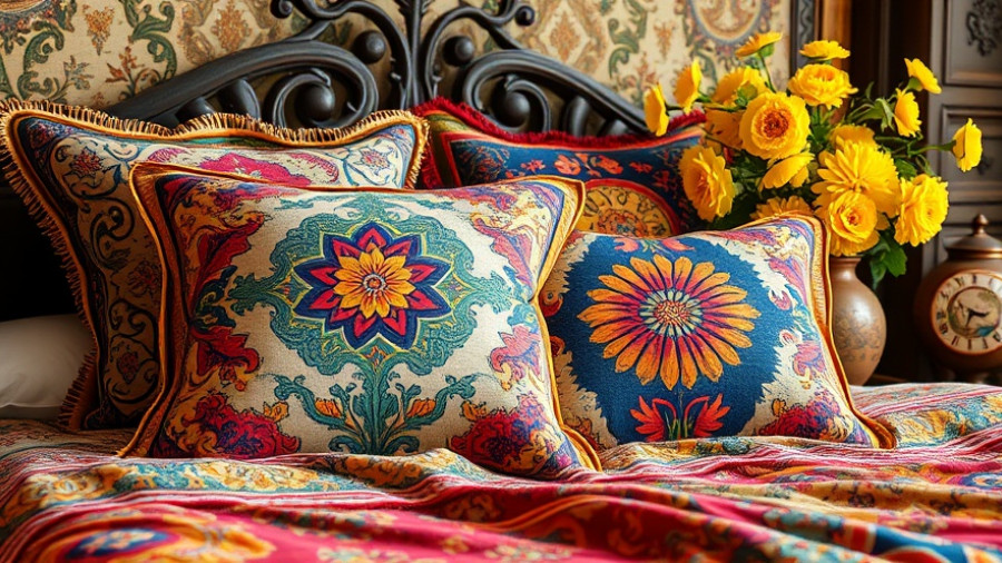 Vibrant bedding with colorful patterns and tapestry pillows showing good ick home trend.