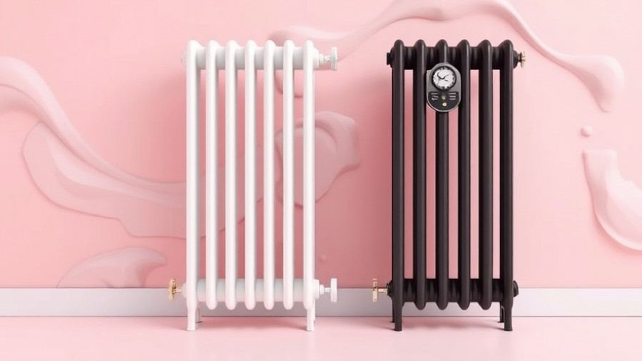 Modern oil-filled radiator design on pastel background.