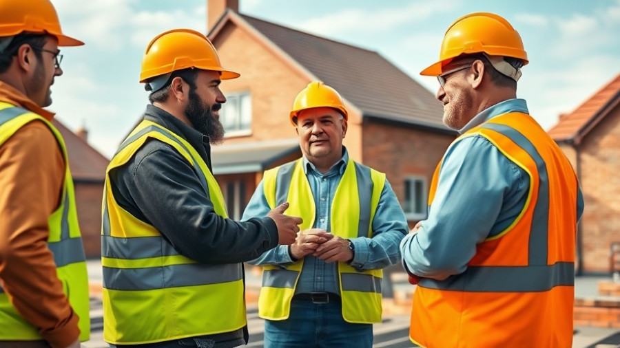 Workers at construction site in London discussing house building market.