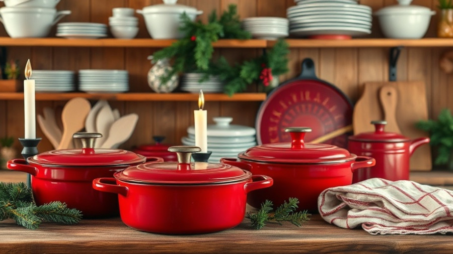 Affordable cast iron cookware in a rustic kitchen setting with a festive touch.