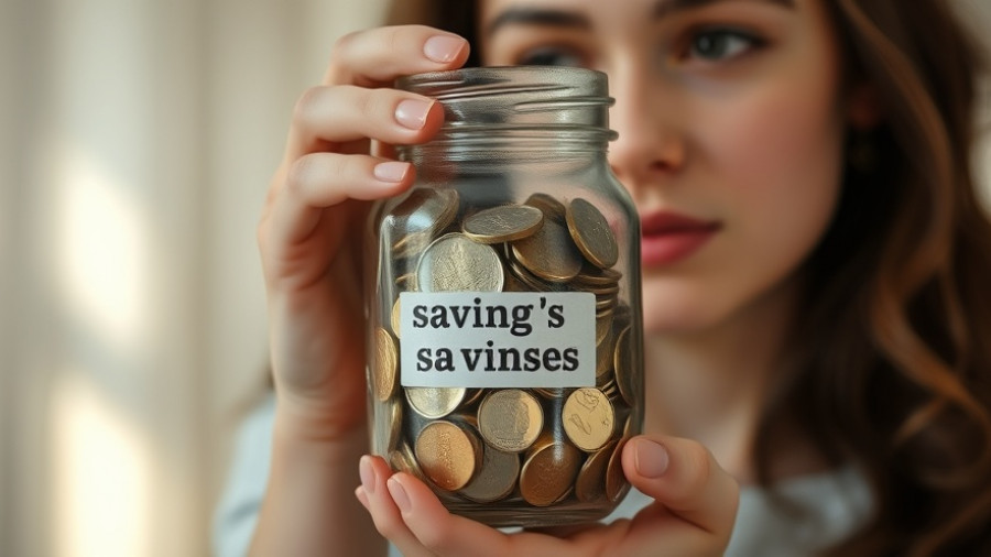 Playful frugality concept: person holding a savings jar, thoughtful.