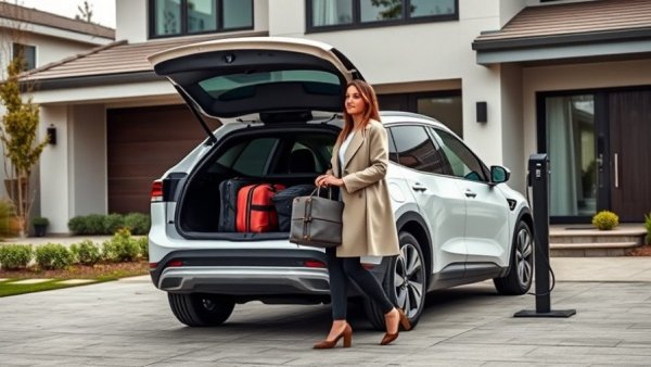 Woman unloading EV trunk at home charging