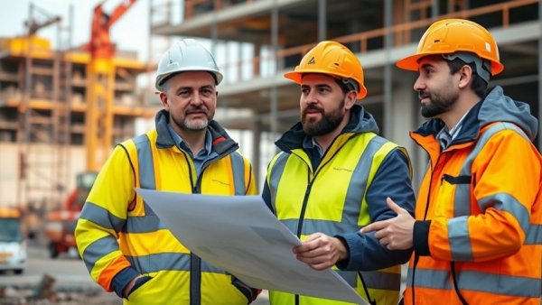 Construction workers in hi-vis jackets at a construction site