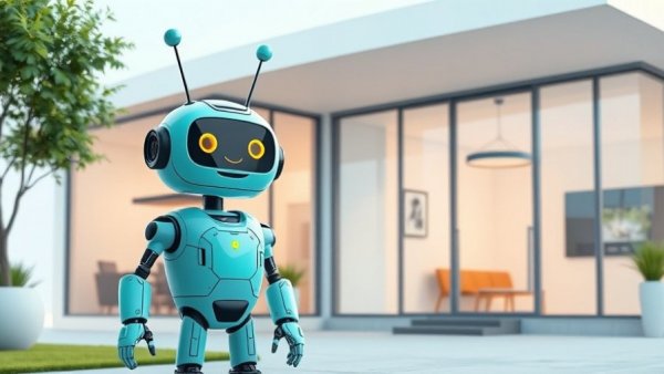 Teal robot beside modern smart home with glass panels