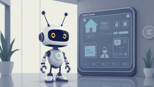Cartoon robot beside futuristic smart home interface, showcasing tech connectivity.