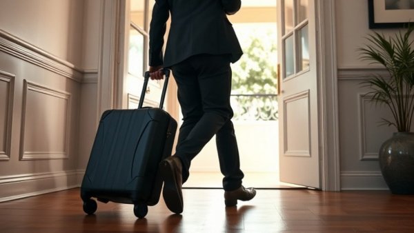 Business traveler entering a modern home with a suitcase, highlighting investor interest in short-term and holiday lets.