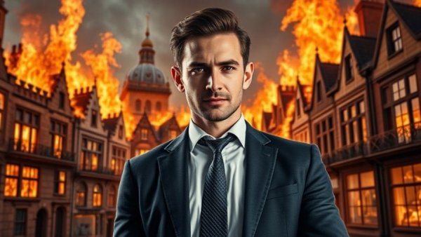 UK Property Investment Trends visual metaphor with businessman and burning townhouses