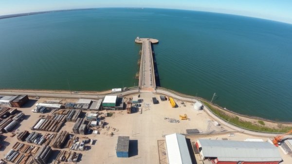 Aerial view of sustainable construction site in Dover by the sea.