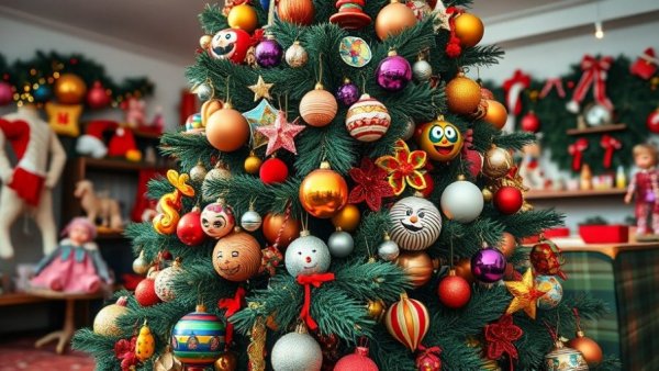 Kitsch Maximalism Christmas tree with vibrant decorations indoors.