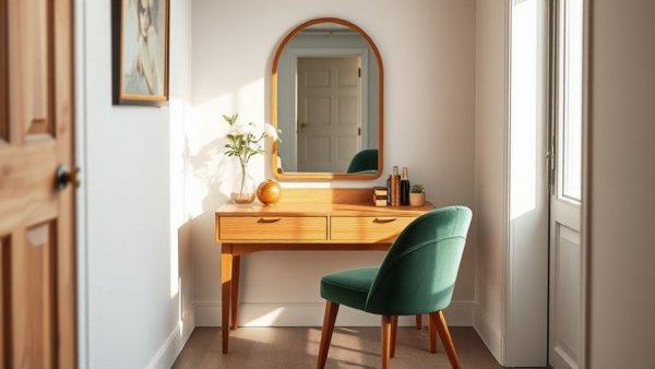 Compact vanity with green chair in small space near plant.