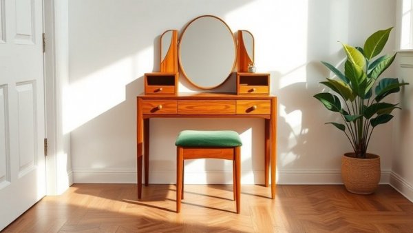 Compact Dunelm vanity set with green velvet chair in modern room