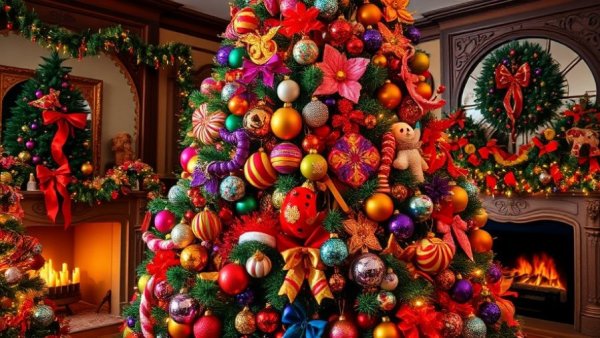 Kitsch Maximalism Christmas Tree with vibrant decorations.