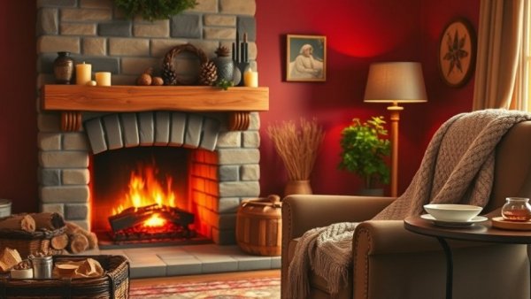 Cozy living room with a fireplace, highlighting rising energy bills in the UK.