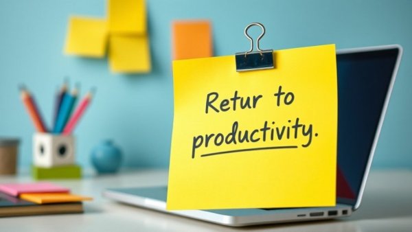 Yellow note with 'BACK TO WORK' near laptop, symbolizing return.