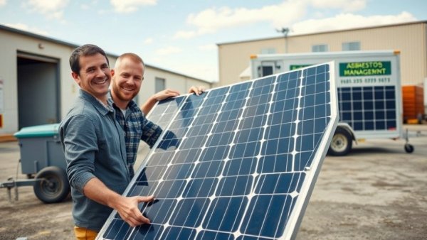 Men with solar panel for solar powered asbestos removal.