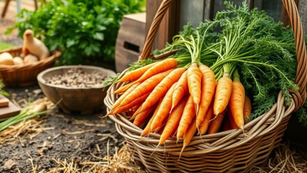 Freshly harvested carrots in a basket, easy vegetables to plant for Christmas.