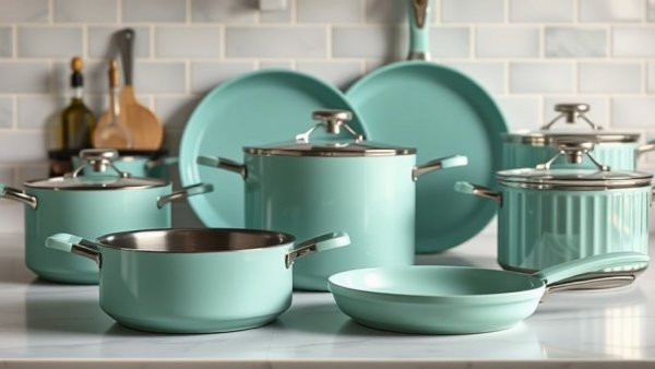 Mint green Lakeland Only Pan collection on marble counter.