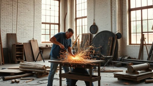 Worker grinding metal with sparks in a renovation setting