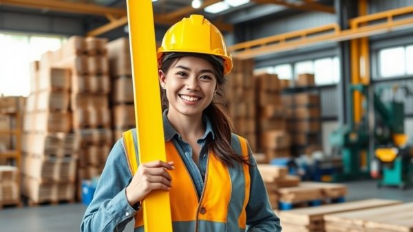 Female worker in factory holding beam, related to carbon costs in home improvement.