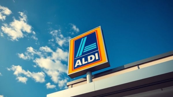 Aldi store sign against blue sky for budget home accessories