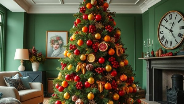 Quirky Food Decorations on a Christmas tree in a cozy room.