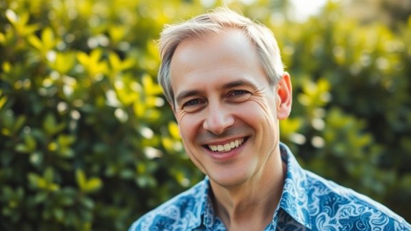 Smiling man in patterned shirt outdoors, energy price cap savings concept
