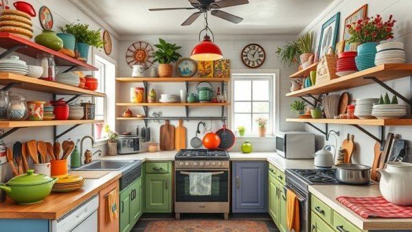 Colorful kitchen with utensils and decor; vibrant eclectic style.