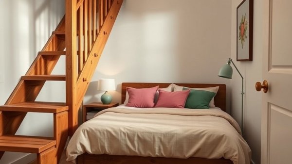 Cozy bedroom layout for spacious feeling with staircase and decor