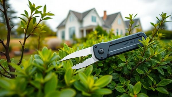 Gardening multi-tool pruning bushes near a house