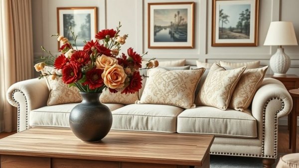 Cozy Nancy Meyers look living room with floral decor and pillows.