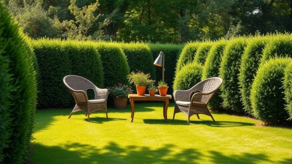 Tranquil garden with hedges in September, wicker furniture under trees.