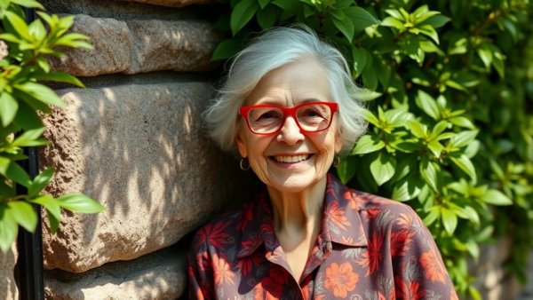 Elderly woman in red glasses smiling by a stone wall with greenery.