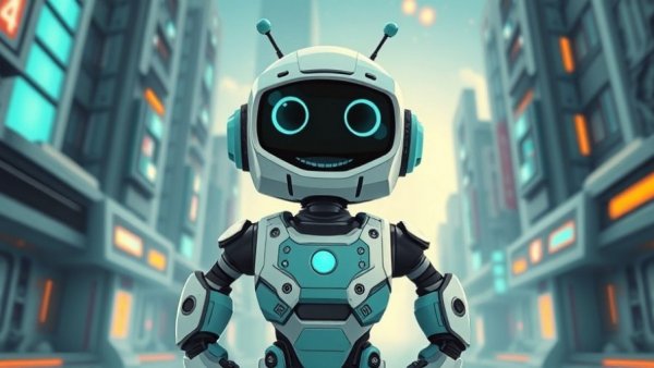 Futuristic cartoon robot in a sci-fi tech environment