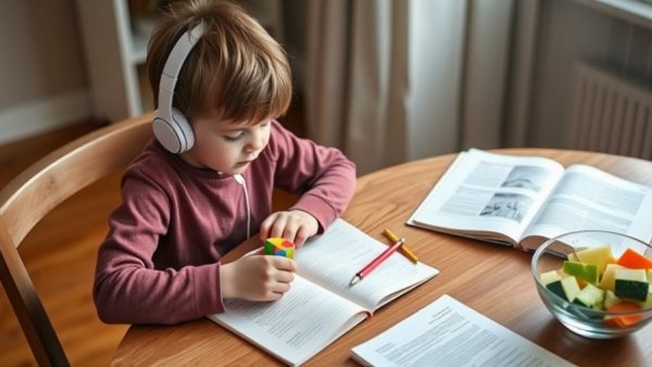 Child focused on homework with headphones, colorful toy nearby.