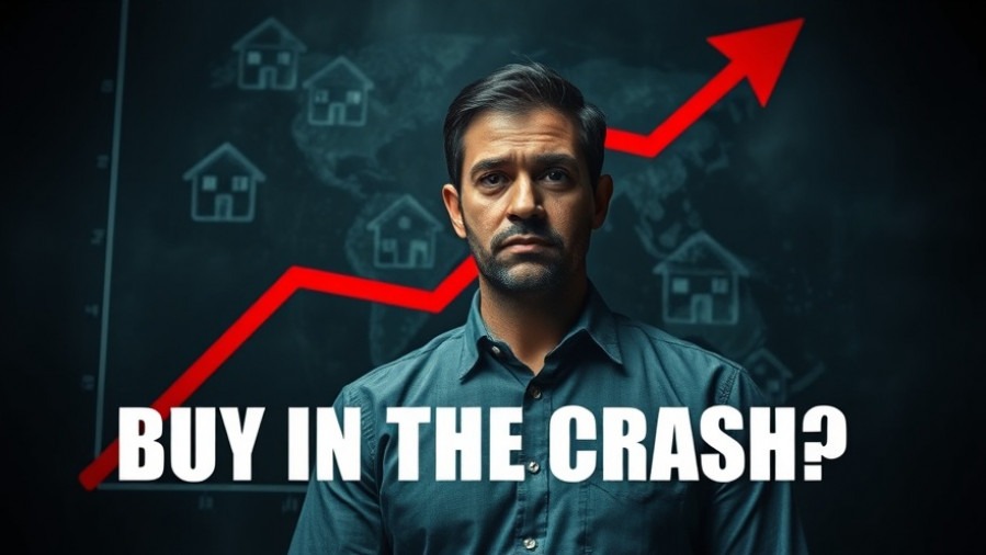 Serious person before a red graph, contemplating investing in real estate during a market crash.