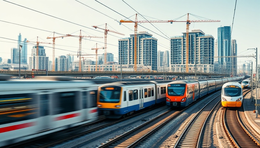 Urban train and construction highlighting transport improvements impact on house prices.
