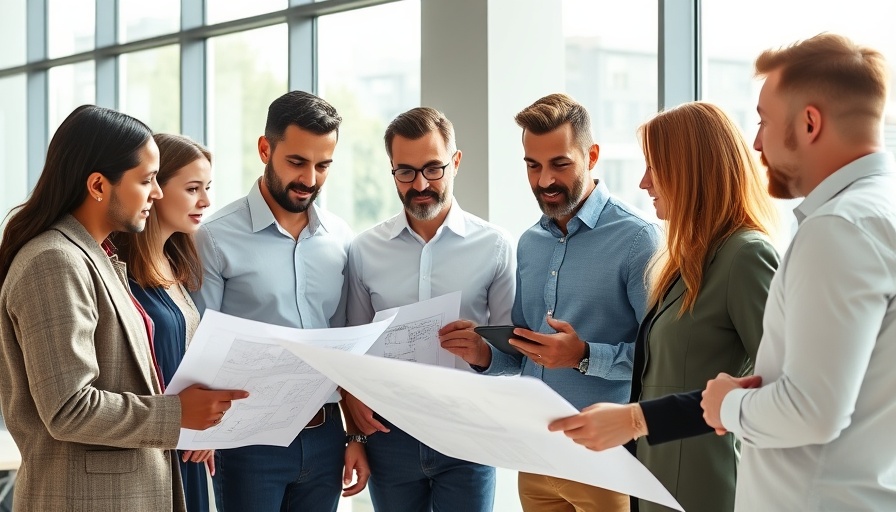 Diverse property investors reviewing blueprints, expanding portfolios.